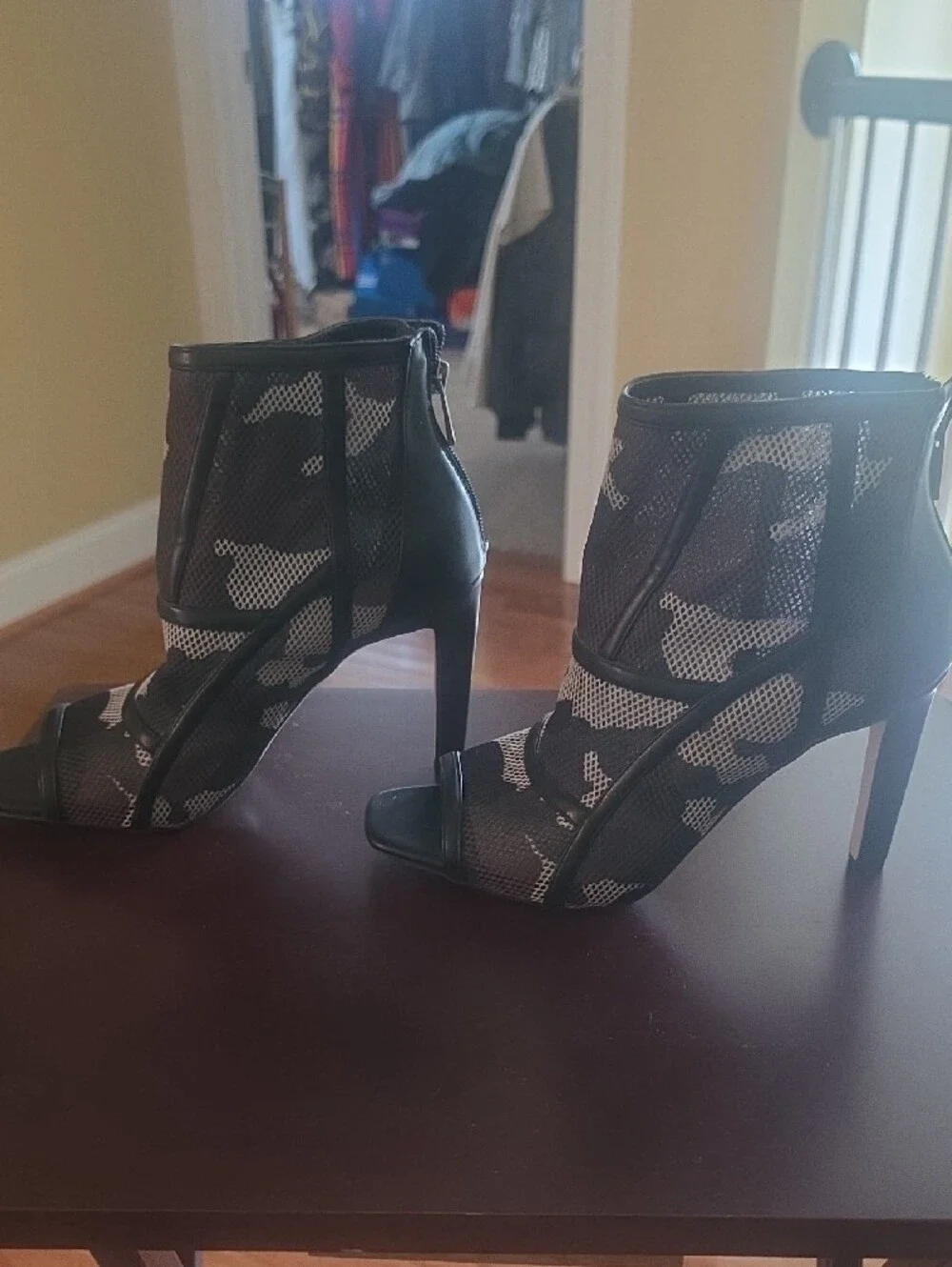 Jessica Simpson Black and White Mesh Camo Open-Toe Booties